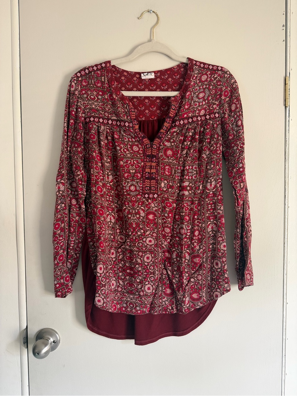 Red Printed Long-Sleeve Boho Peasant Blouse